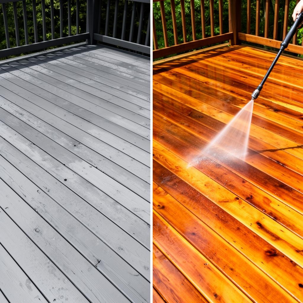 Pressure washer cleaning a weathered wood deck, before and after