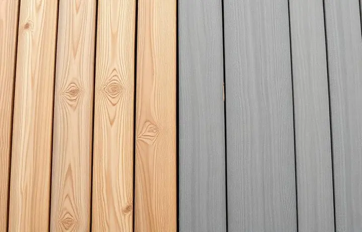 White and grey cellular PVC deck boards laid on a backyard deck frame