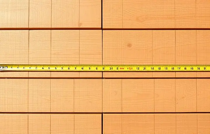 Tape measure stretched across cedar deck boards measuring square footage