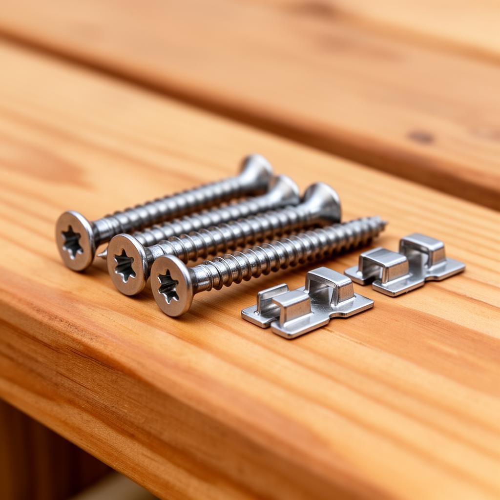 Stainless steel deck screws and hidden fastener clips on a wood board