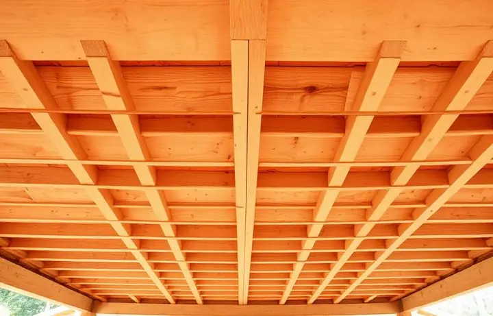 Underside view of parallel pressure-treated deck floor joists