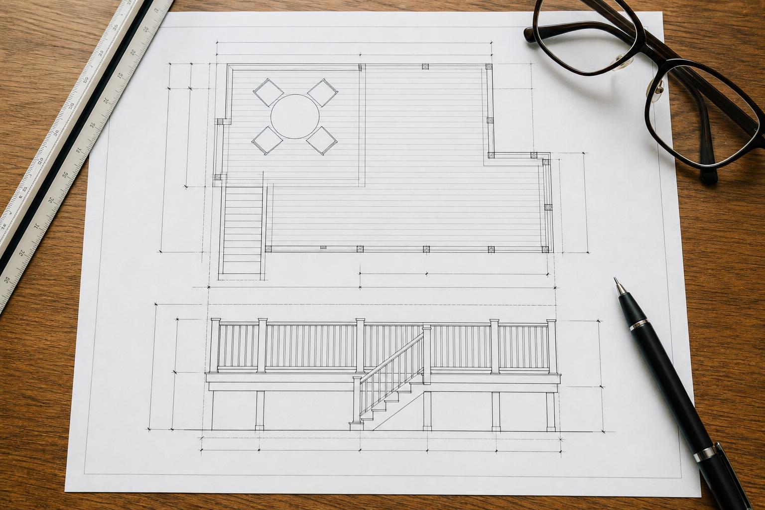 Building permit document and deck blueprint with pen on a wooden table