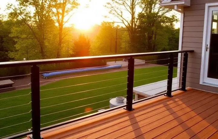 Modern black aluminum cable deck railing on a cedar deck at sunset