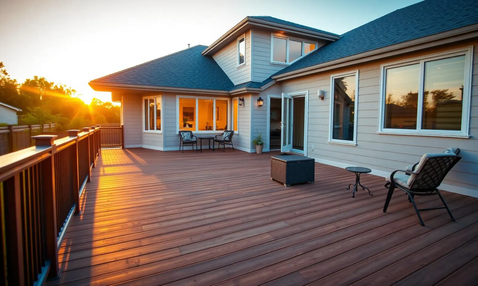 Modern composite deck attached to a contemporary suburban home at sunset